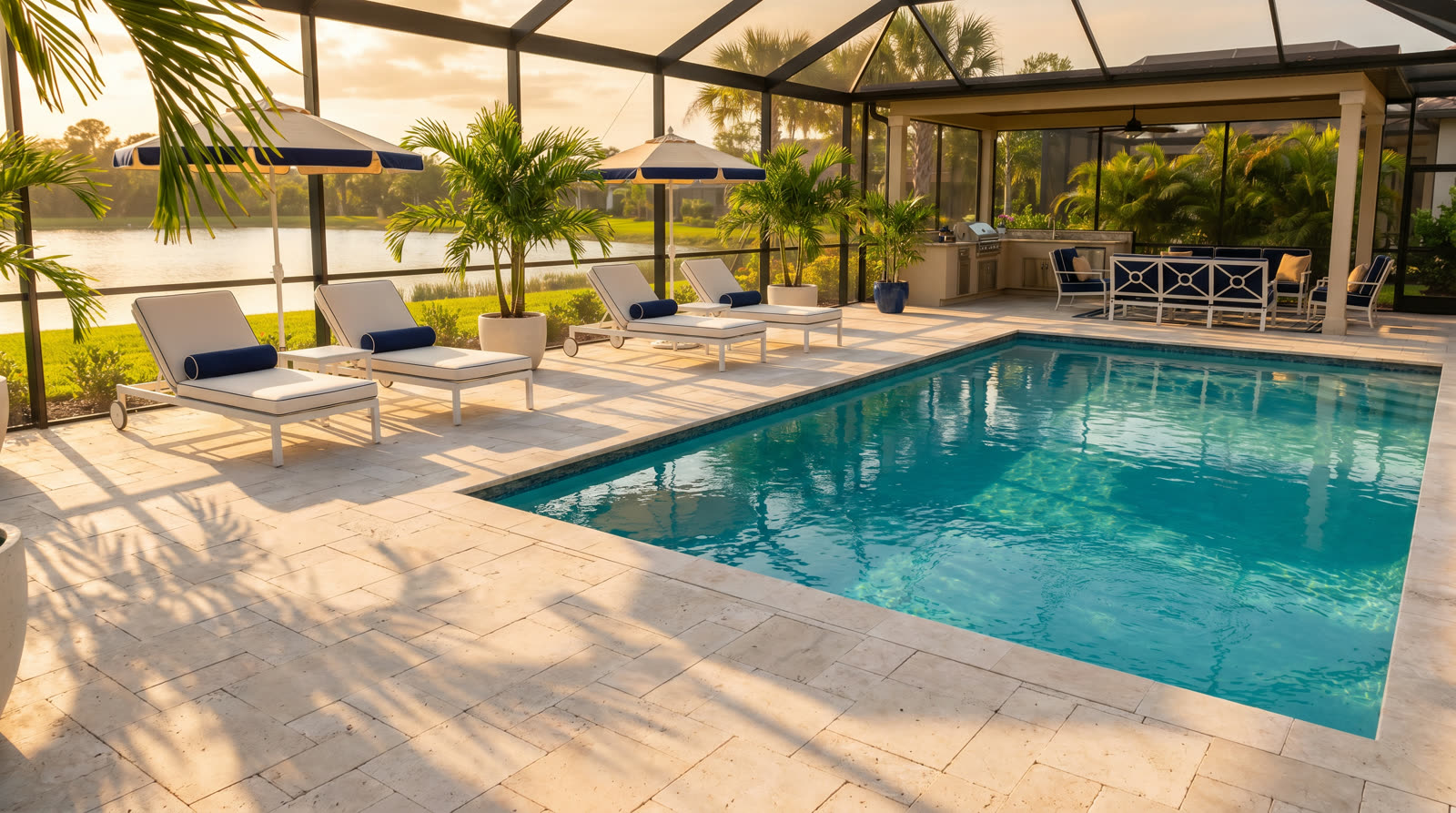 Screened lanai and pool at a Cape Coral home at golden hour